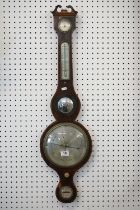 Early 20th Century banjo barometer having a mahogany case with box wood inlay with thermometer,