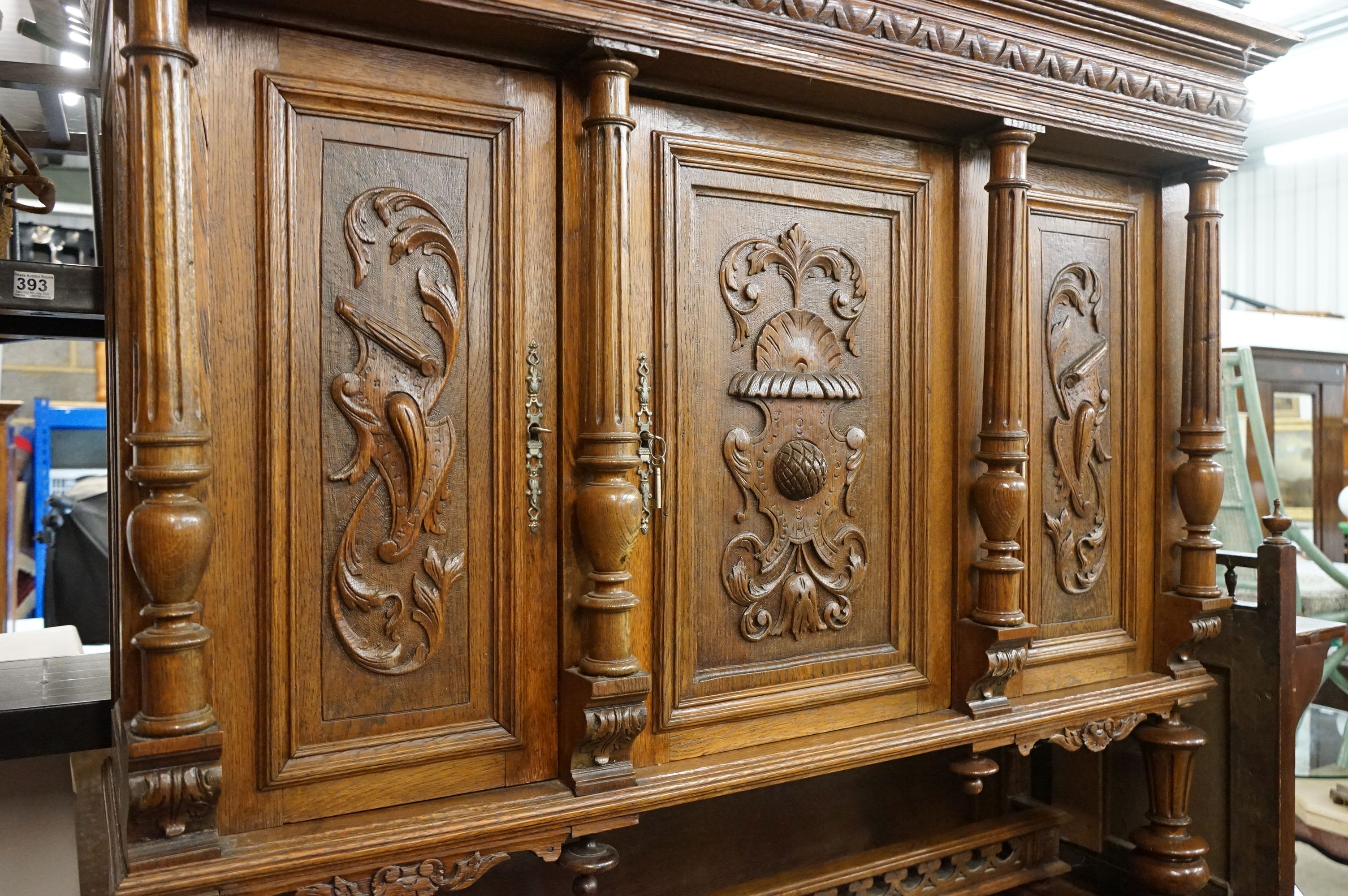 19th century Carved Oak Gothic Cabinet, the upper structure with three carved panel doors, all - Image 2 of 18