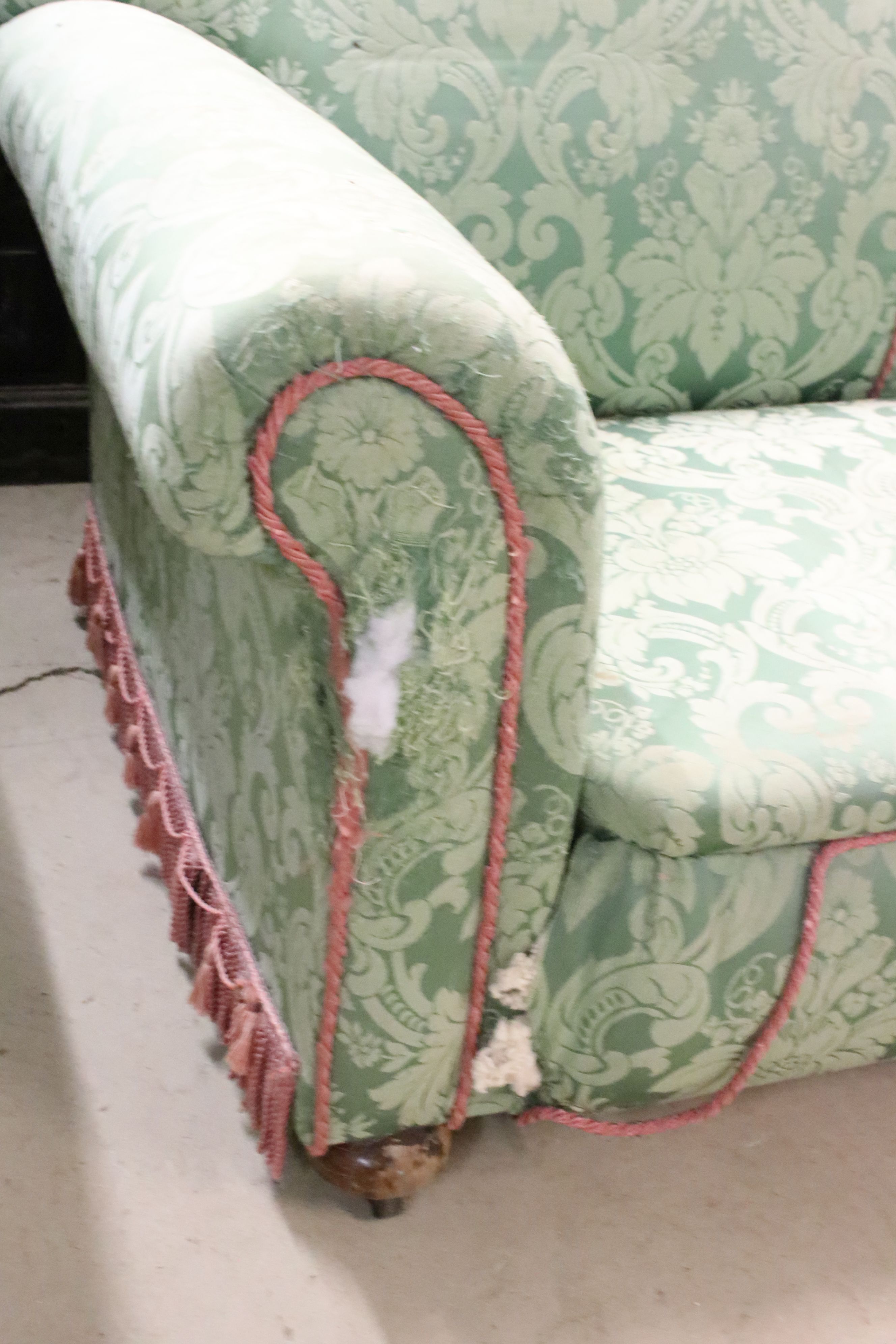 Early 20th century Two Seater Drop End Sofa, upholstered in green damask fabric sand raised on bun - Image 2 of 6