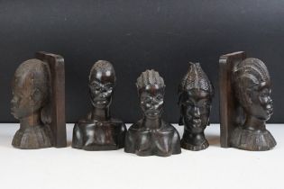 Group of African carved wooden stylised busts to include a pair of bookends (approx 17.5cm high)