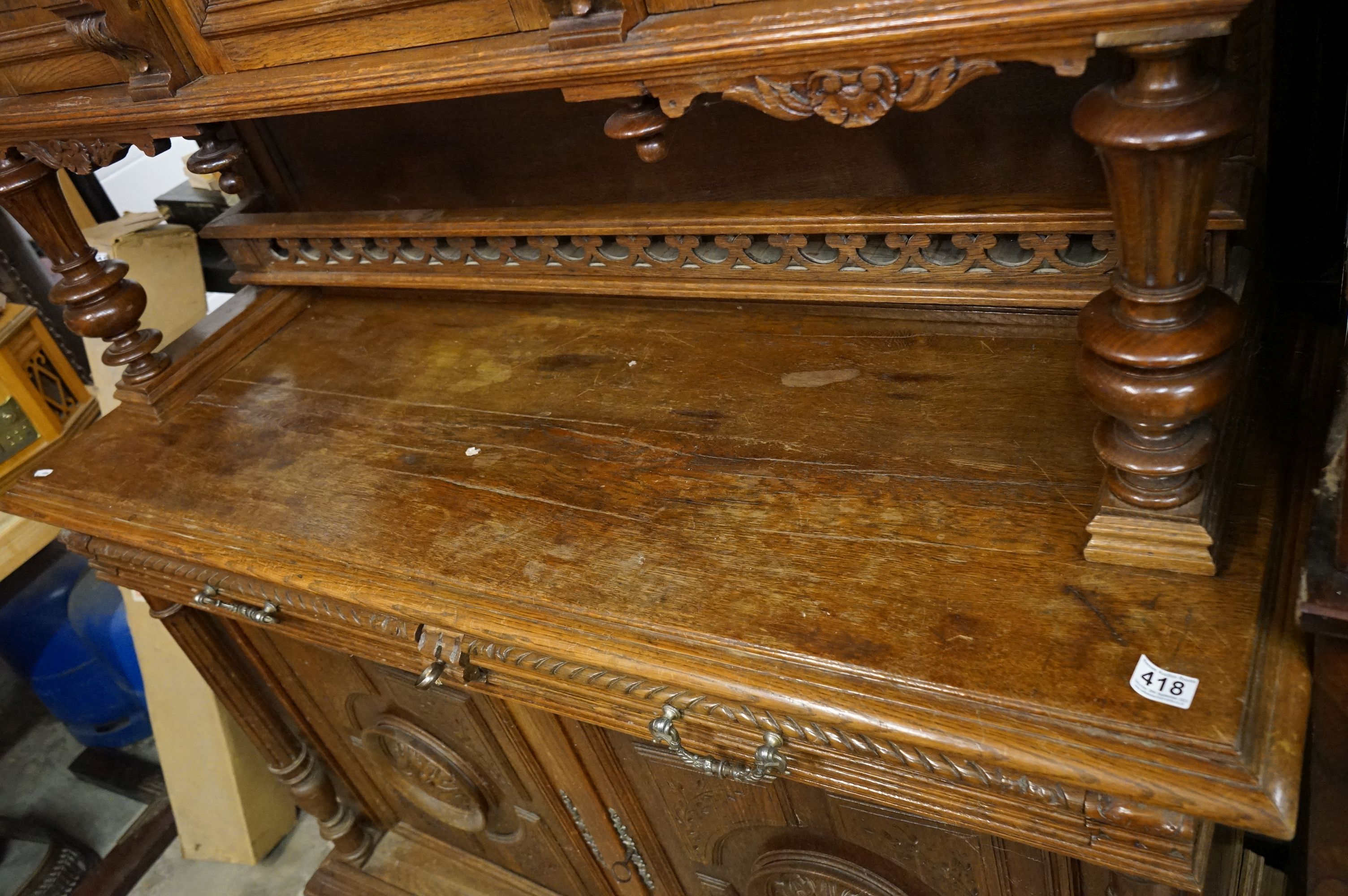 19th century Carved Oak Gothic Cabinet, the upper structure with three carved panel doors, all - Image 9 of 18