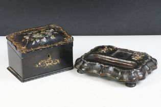 19th Century Victorian papier mache ink stand and desk top box, both decorated with hand painted