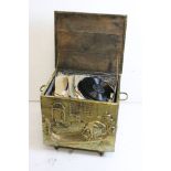 Brass Covered Coal Box with embossed decoration including Tavern scene and Venice scene, raised on