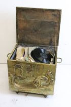 Brass Covered Coal Box with embossed decoration including Tavern scene and Venice scene, raised on