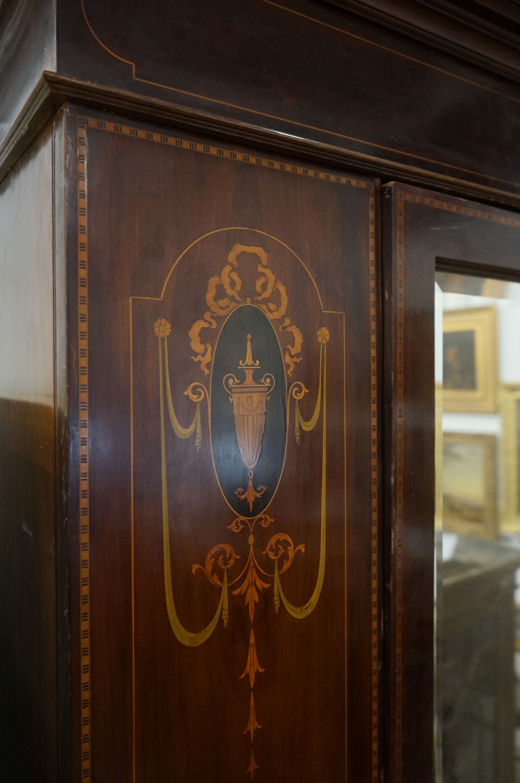 Edwardian Mahogany Inlaid Wardrobe, the single mirrored door opening to a hanging space above a long - Image 2 of 11