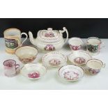 Group of 19th Century Sunderland lustre pottery to include a surprise mug 'jacks safe reutrn', '