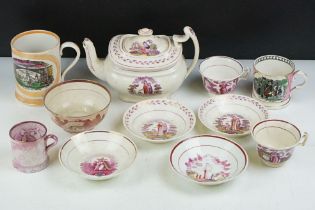 Group of 19th Century Sunderland lustre pottery to include a surprise mug 'jacks safe reutrn', '