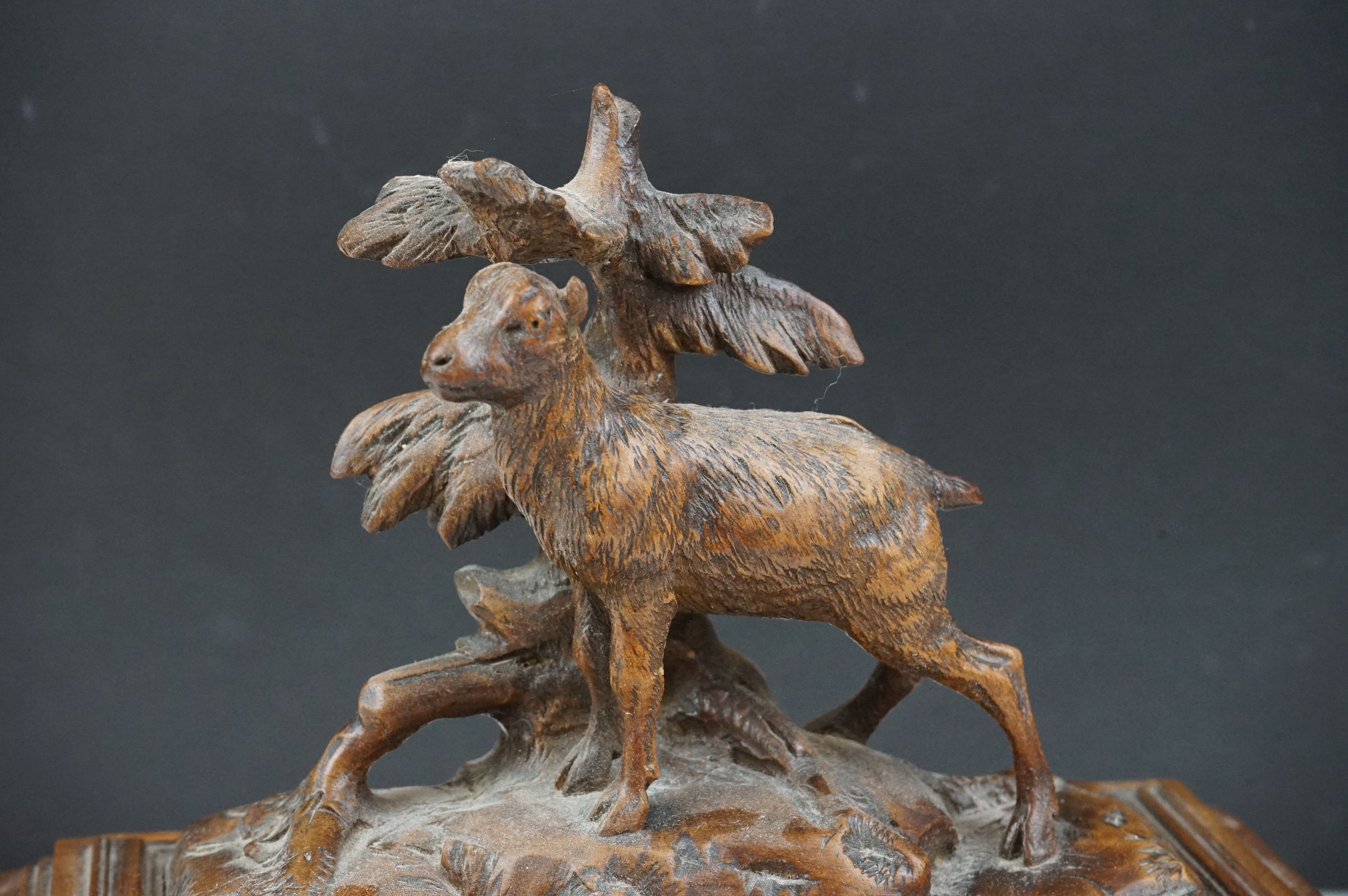 Late 19th Century Victorian Black Forest carved wooden box having a carved goat to the lid, with - Image 5 of 9