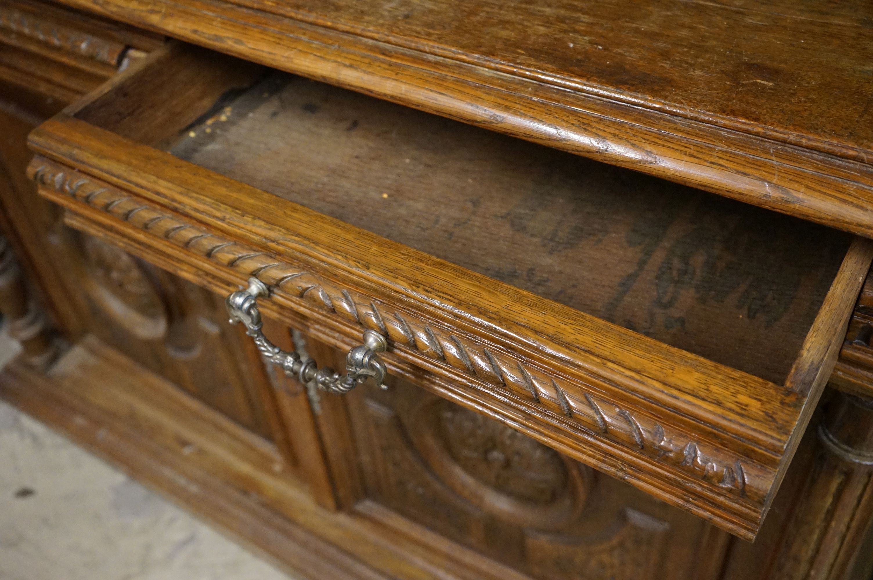 19th century Carved Oak Gothic Cabinet, the upper structure with three carved panel doors, all - Image 12 of 18