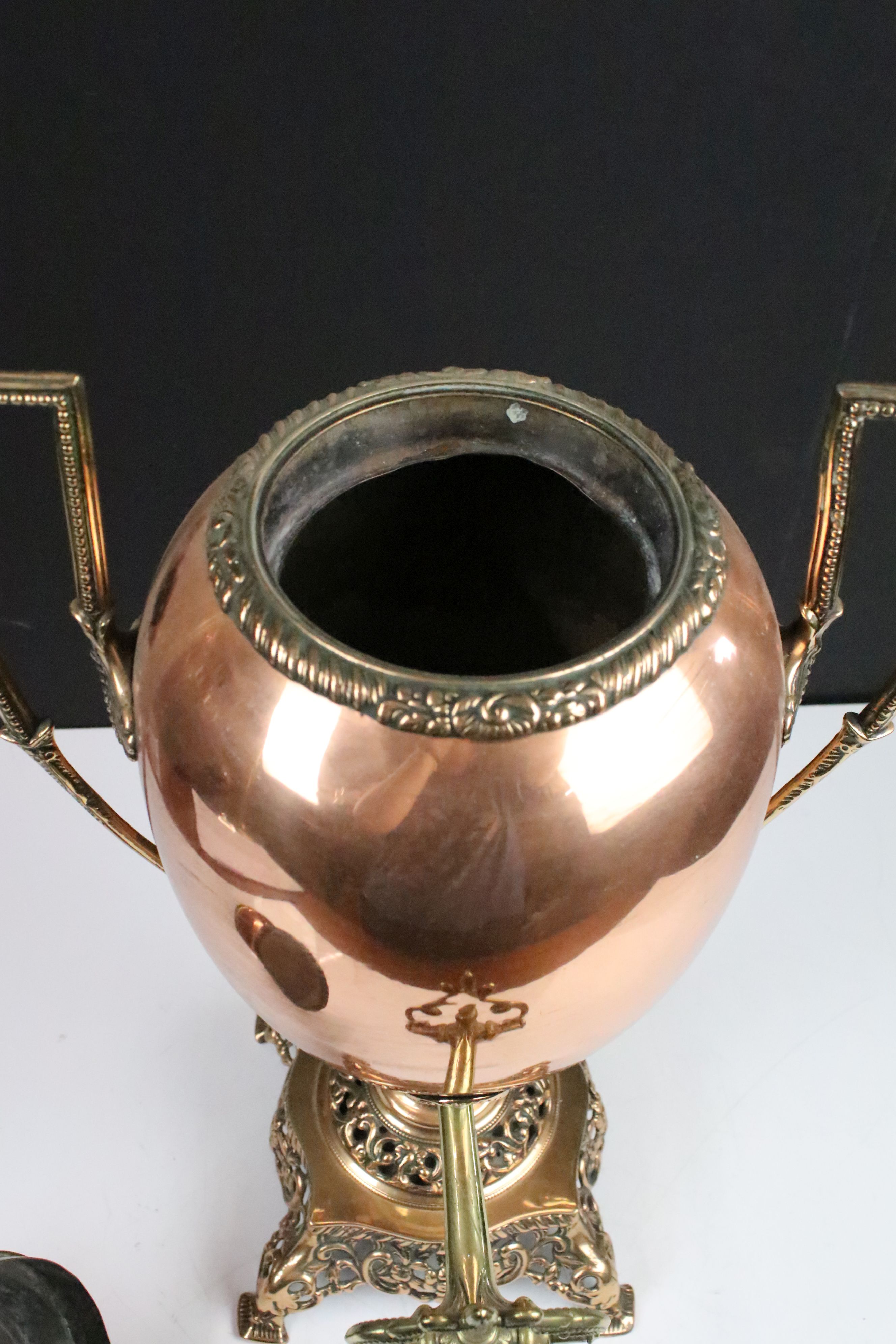 Mid 19th century twin-handled copper Samovar or tea urn & cover of ovoid form, with beaded - Image 4 of 6