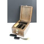 Mid 20th C wooden box with lift-out tray, housing a quantity of shoe brushes, shoe polish and a shoe