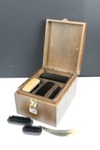 Mid 20th C wooden box with lift-out tray, housing a quantity of shoe brushes, shoe polish and a shoe