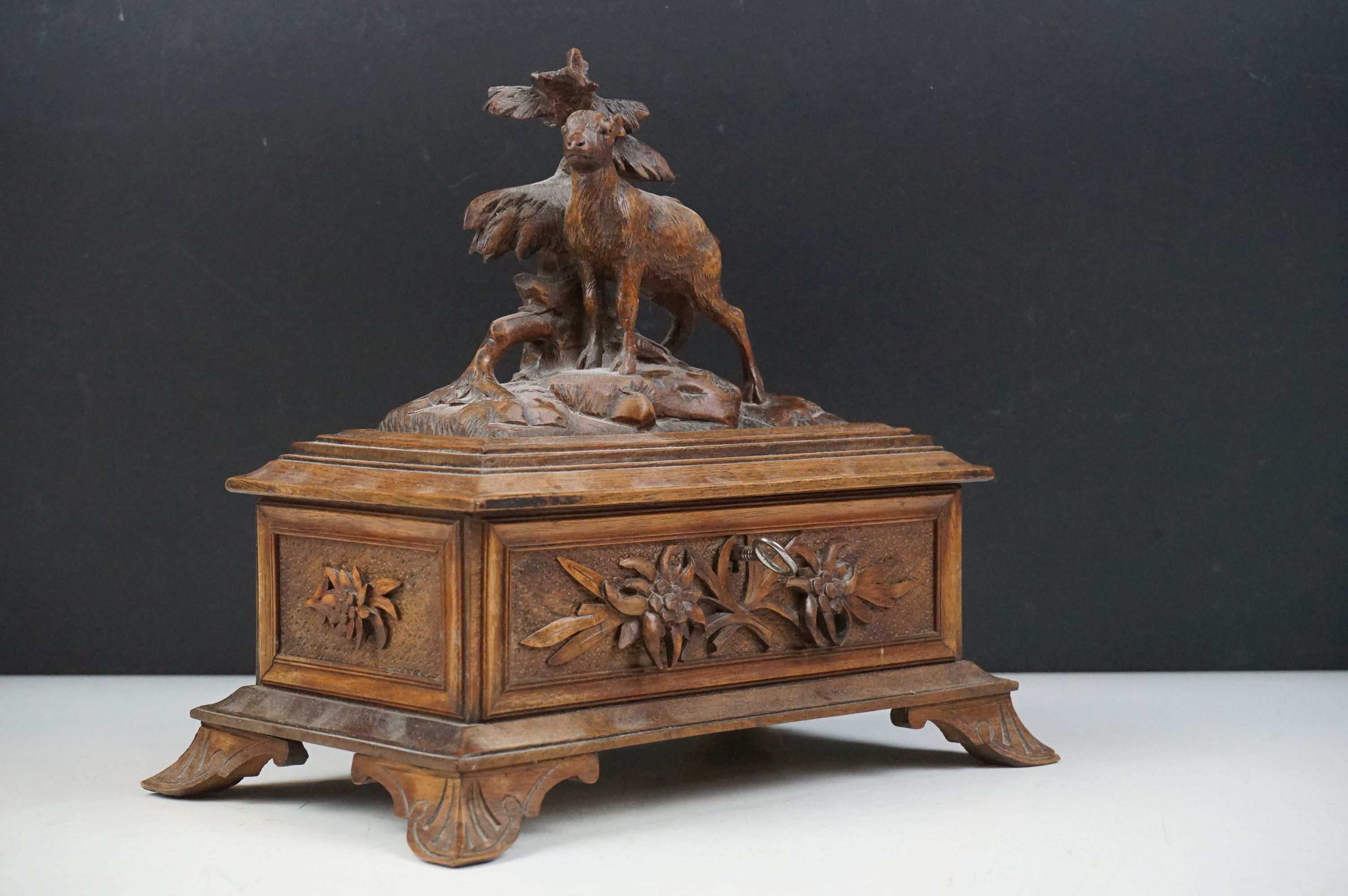 Late 19th Century Victorian Black Forest carved wooden box having a carved goat to the lid, with - Image 2 of 9