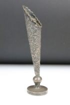 A Chinese hallmarked sterling silver bud vase with cherry blossom decoration, marked to base.