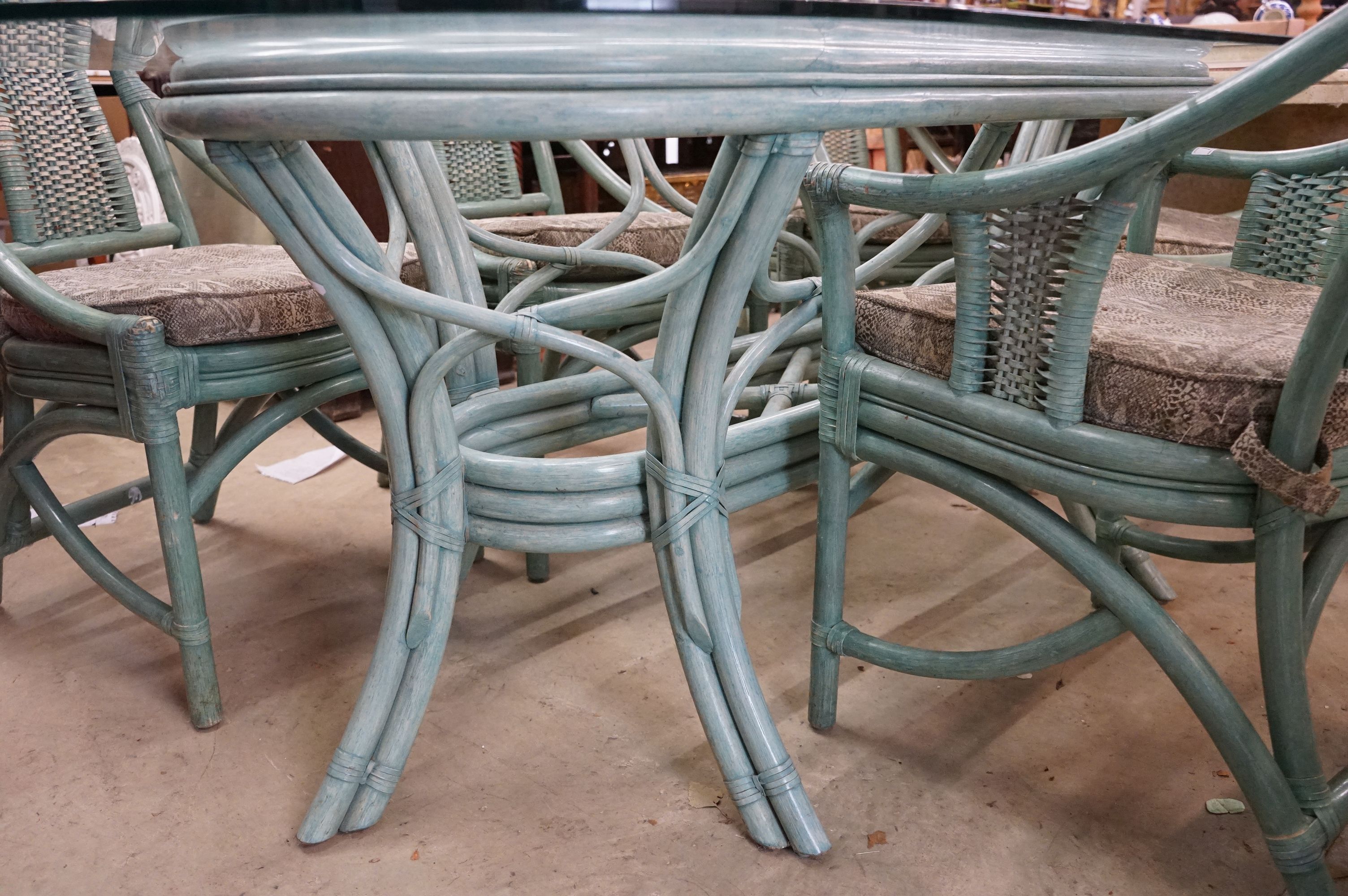 Large Conservatory Dining Table, the oval glass top supported by a green painted wicker base, - Image 6 of 8