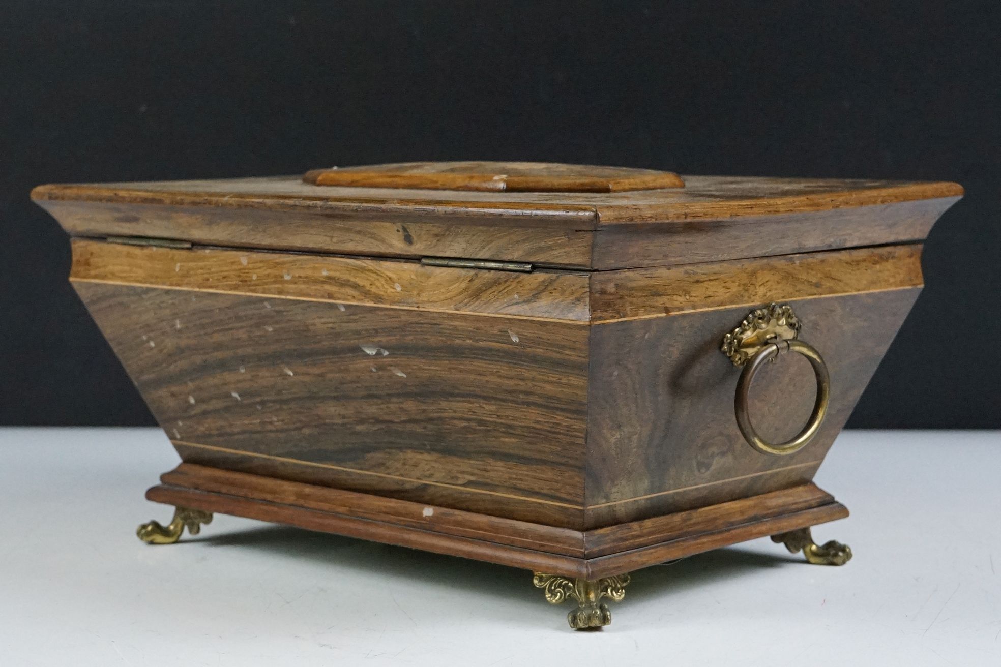 Early 20th Century satinwood inlaid casket box having a hinged lid, with tapering body raised on paw - Image 6 of 12