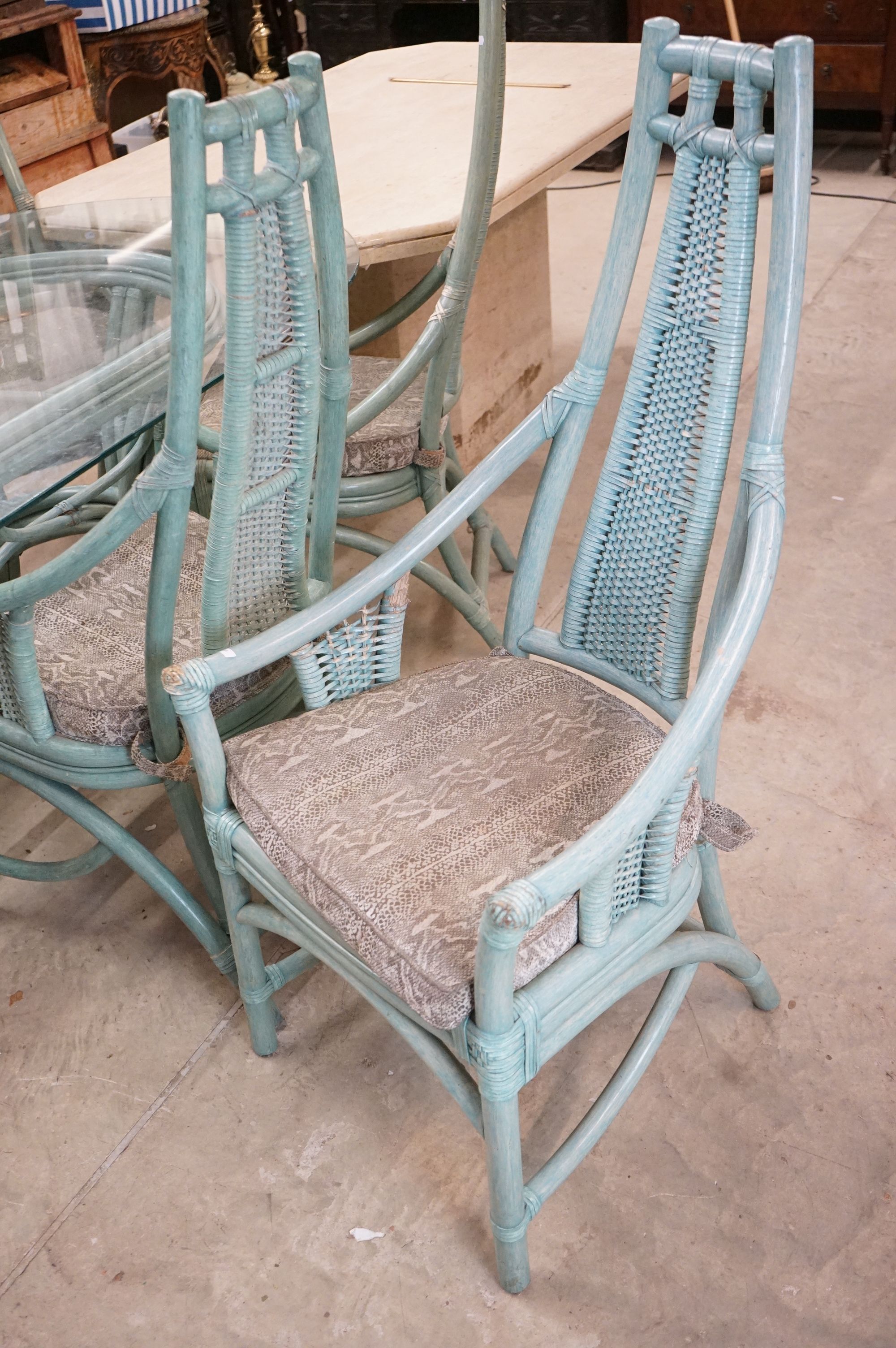 Large Conservatory Dining Table, the oval glass top supported by a green painted wicker base, - Image 2 of 8