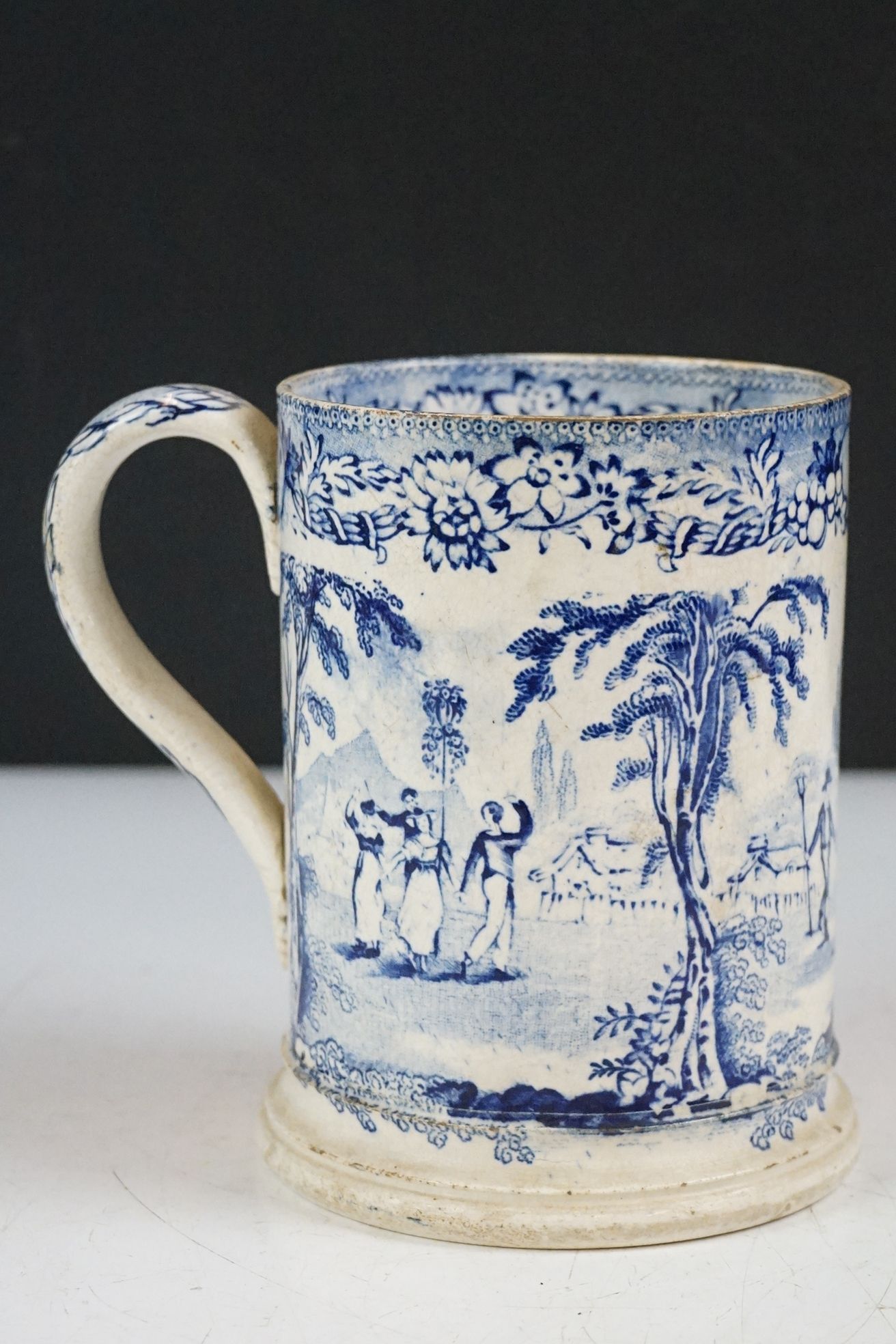 Four 19th century blue & white printed ceramic tankards, featuring early 19th century and Willow - Image 4 of 27