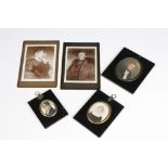 A collection of three hand painted miniature portraits together with two CDV portrait cards.
