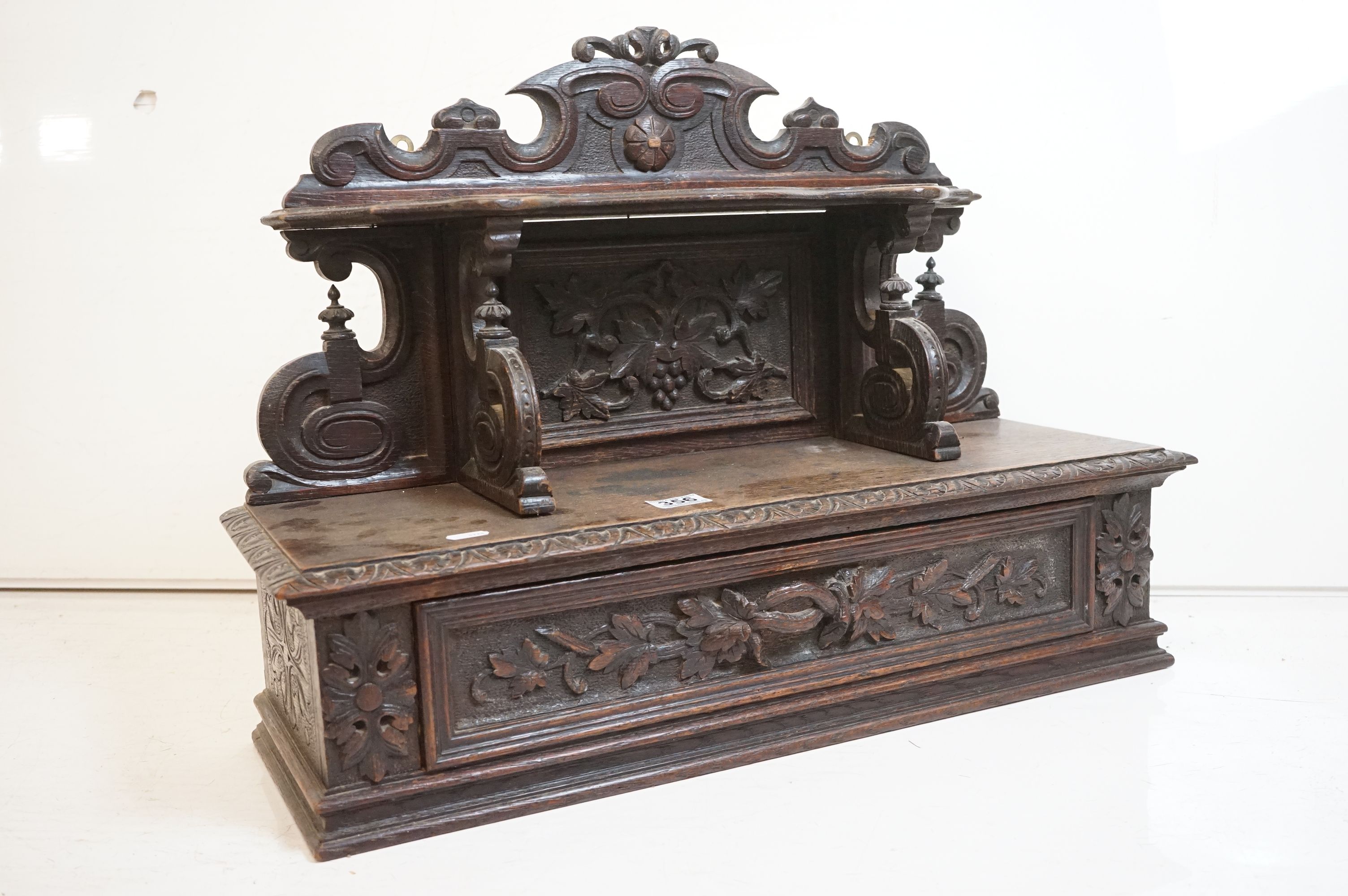 19th century Carved Oak Hanging Cabinet, the shaped back with a shelf over a single drawer, with - Image 3 of 8