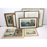 Smuggling scene, hand coloured engraving, 30 x 60cm, framed and glazed and a quantity of pictures