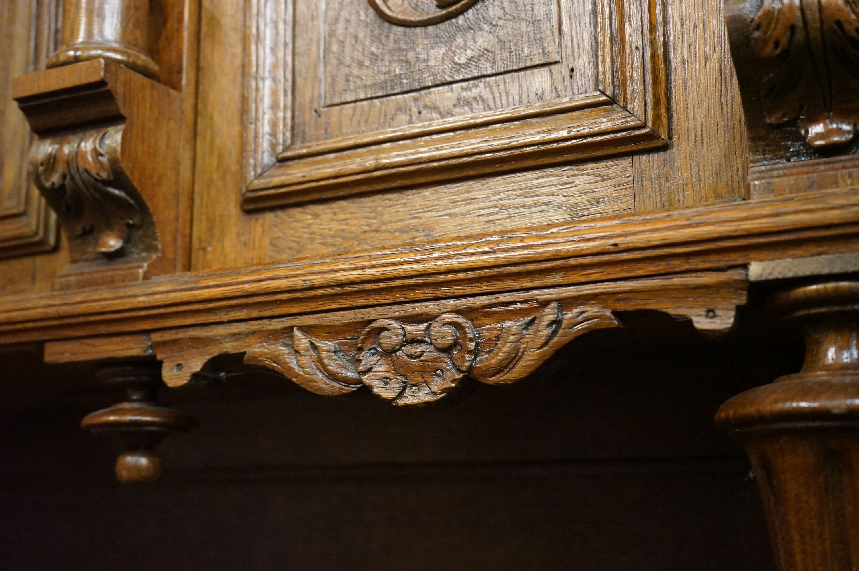 19th century Carved Oak Gothic Cabinet, the upper structure with three carved panel doors, all - Image 10 of 18