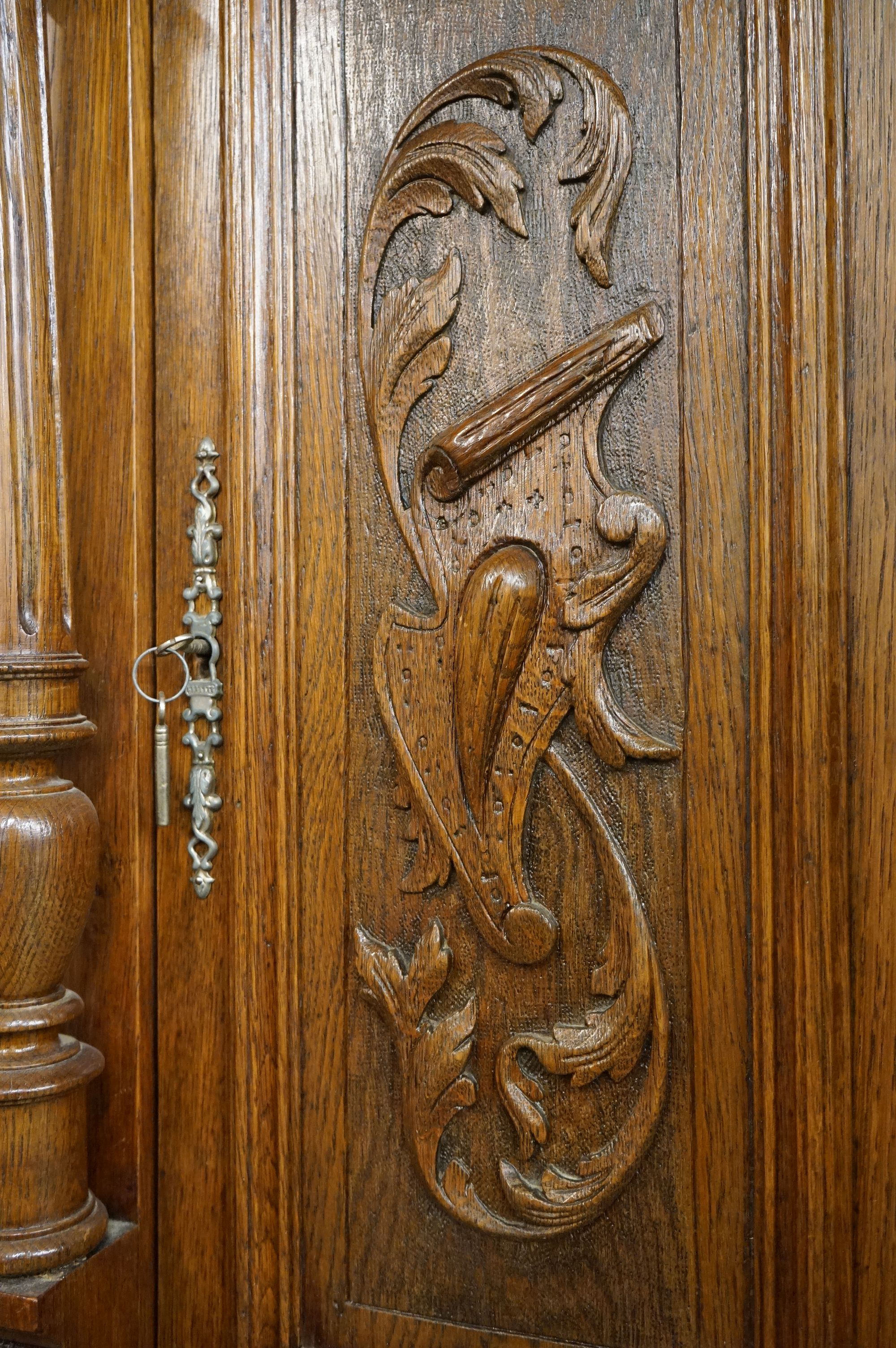 19th century Carved Oak Gothic Cabinet, the upper structure with three carved panel doors, all - Image 8 of 18