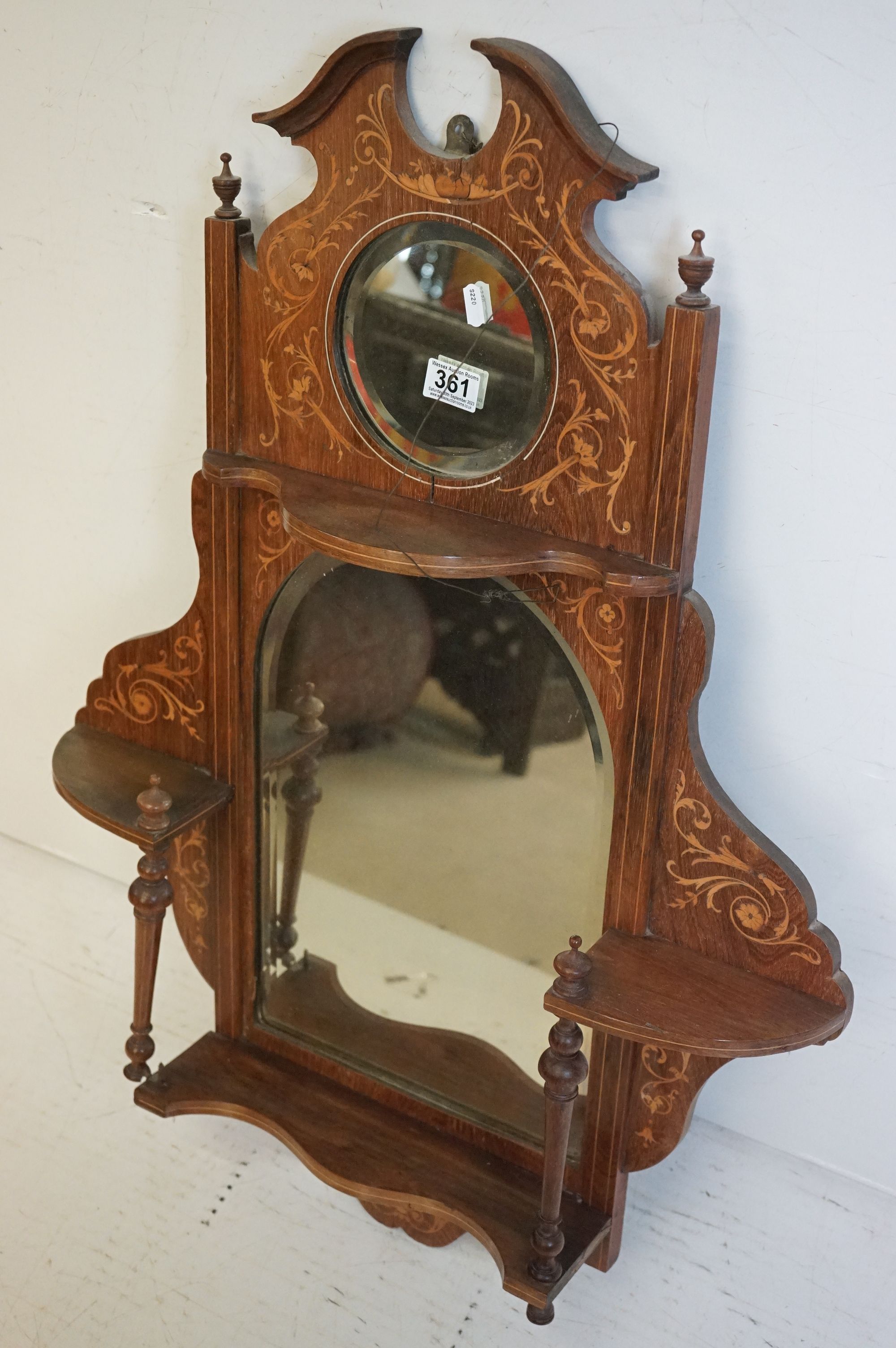 Victorian Walnut and Marquetry Inlaid Combination Hall Mirror and Shelf, 65cm wide x 95cm high - Image 5 of 7