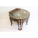 Mid century Nesting set of Five Piecrust Walnut Tables with Japanese style Chinoiserie decoration (