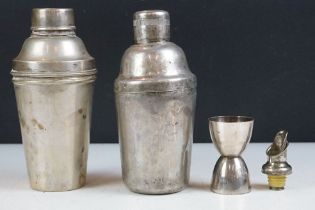 Two Early-to-mid 20th century silver plated cocktail shakers of typical form (tallest approx 19.