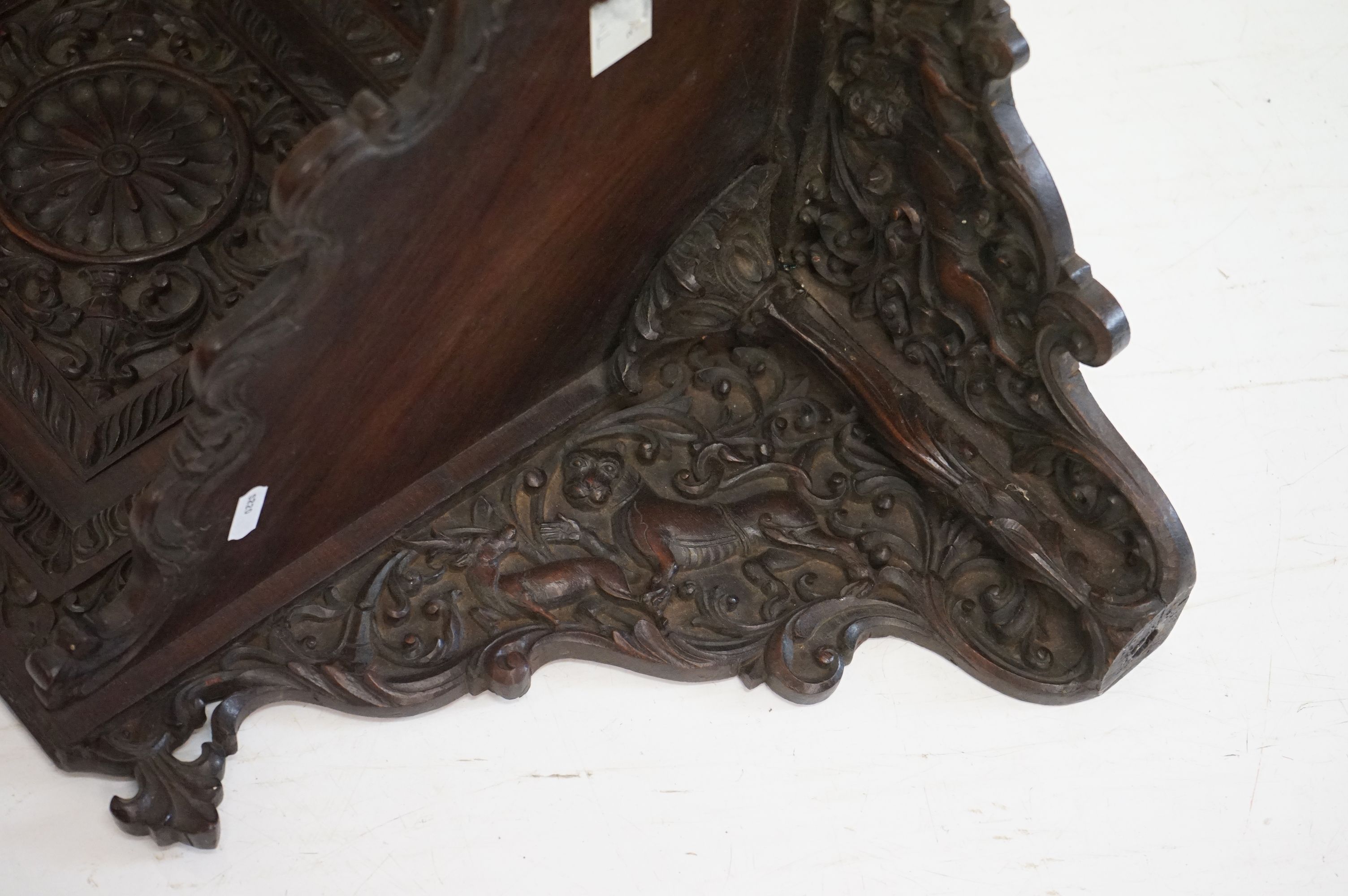 19th century Anglo Indian Hardwood Hanging Corner Shelf, profusely carved including lions, deer, a - Image 3 of 9