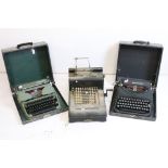 Three typewriters, comprising: a Burroughs, an Olympia, cased and a Remington Rand, cased