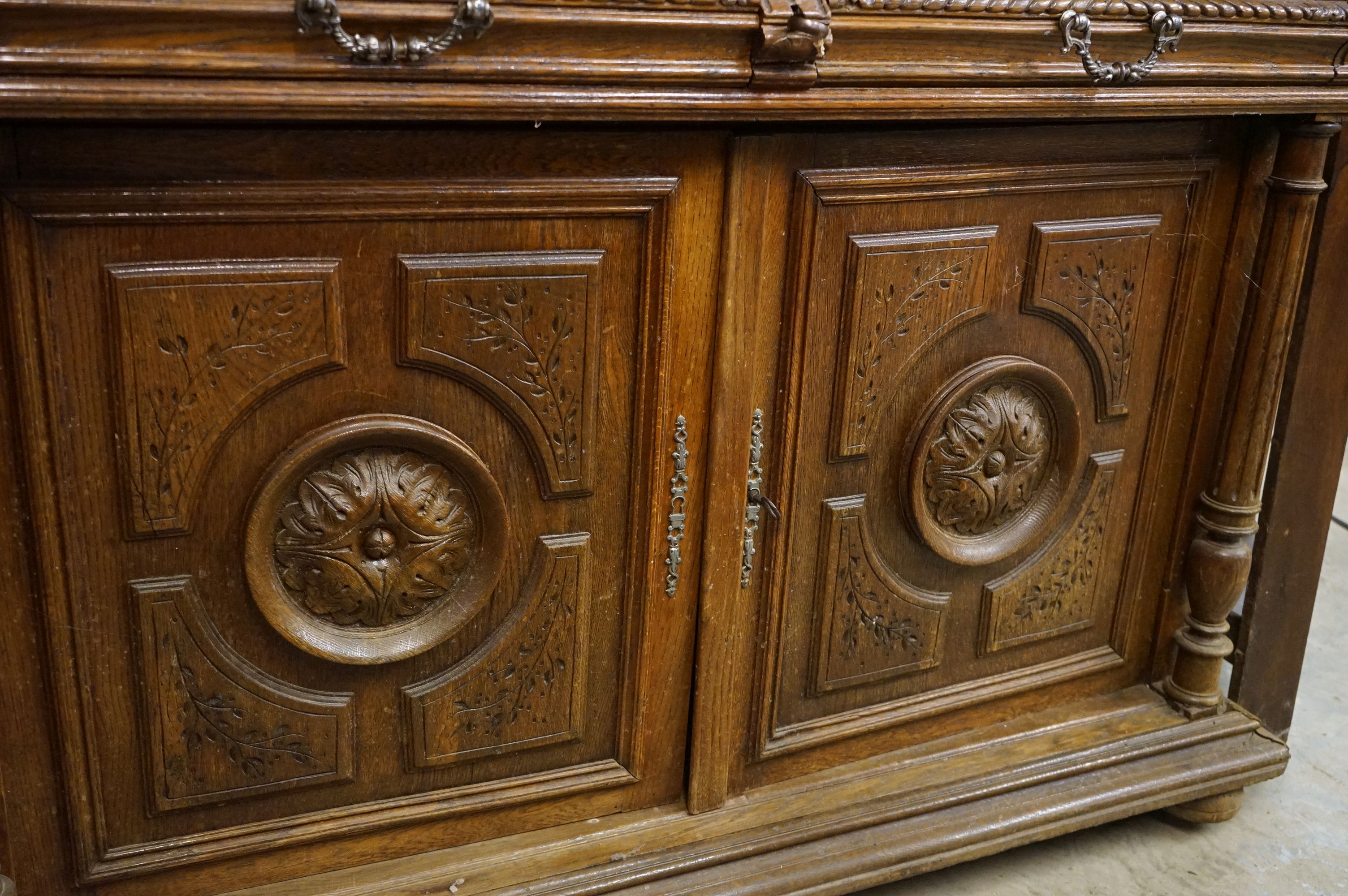 19th century Carved Oak Gothic Cabinet, the upper structure with three carved panel doors, all - Image 14 of 18