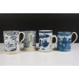 Four 19th century blue & white printed ceramic tankards, featuring early 19th century and Willow