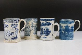 Four 19th century blue & white printed ceramic tankards, featuring early 19th century and Willow