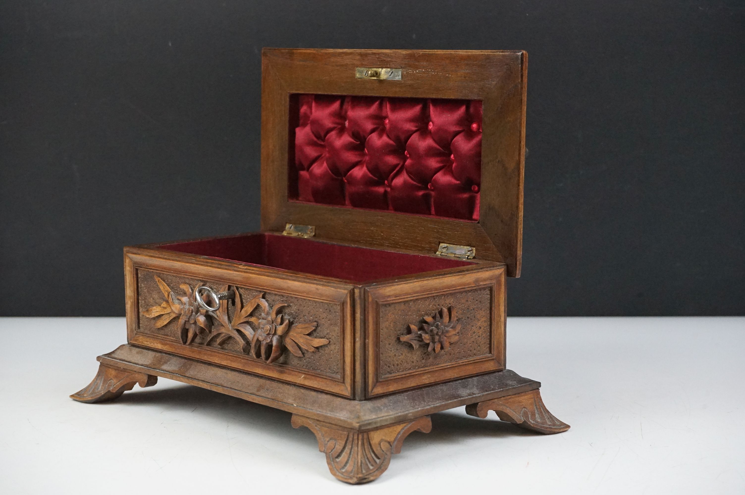 Late 19th Century Victorian Black Forest carved wooden box having a carved goat to the lid, with - Image 3 of 9