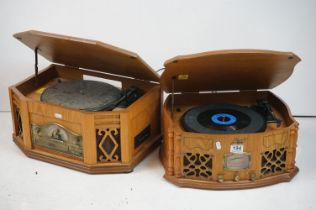 Two vintage style music centres to include record player, CD player, radio and Aux line.