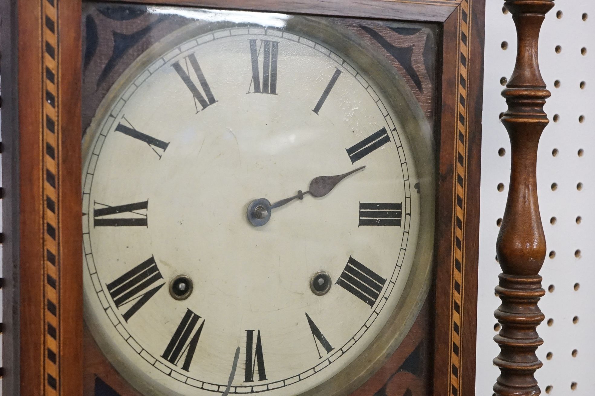 Edwardian inlaid mahogany pendulum wall clock having a round face with roman numerals to the dial, - Image 3 of 9