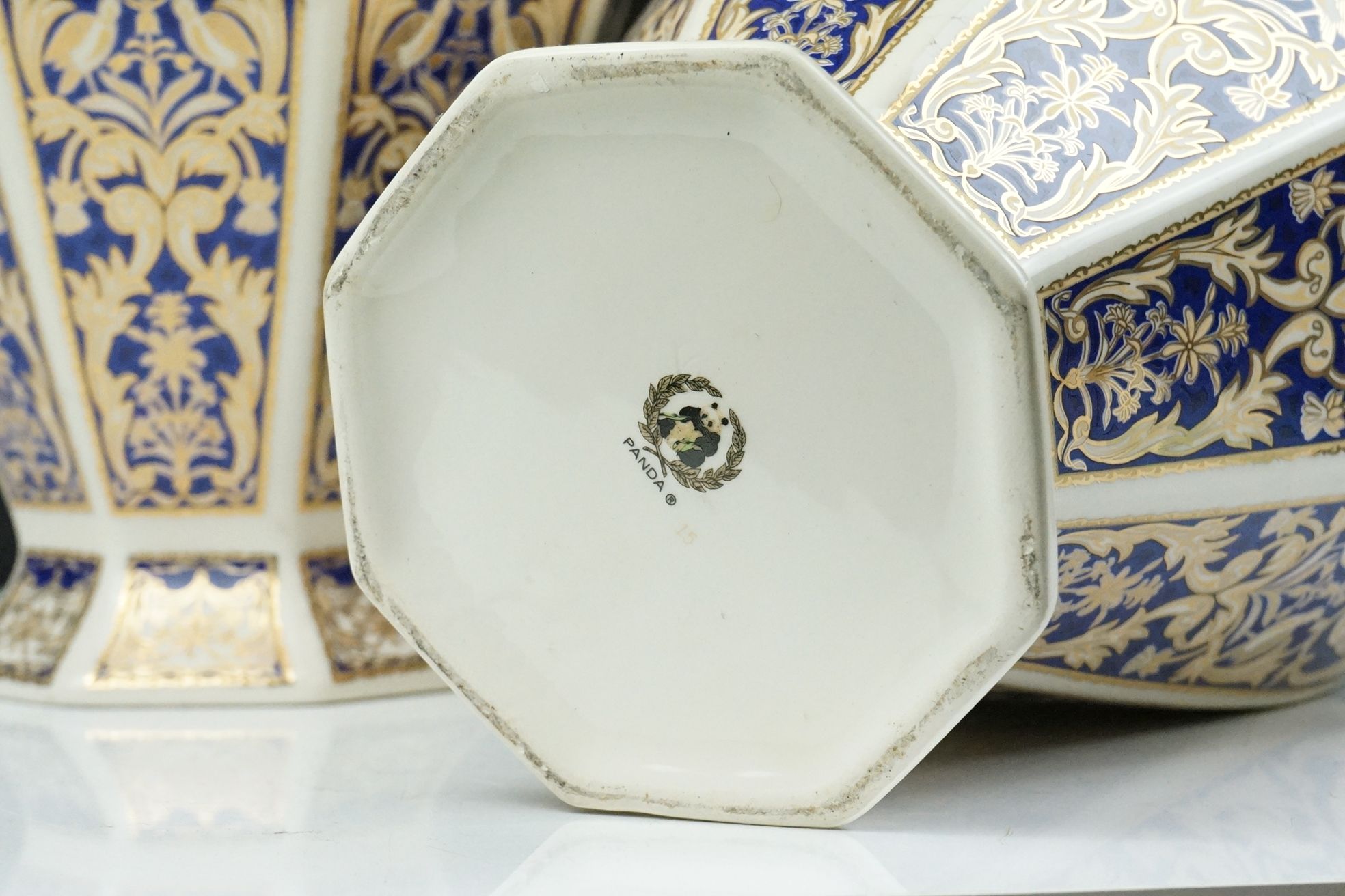 Set of four 20th Century ceramic vases of panelled octagonal design, each each having blue and - Image 9 of 16