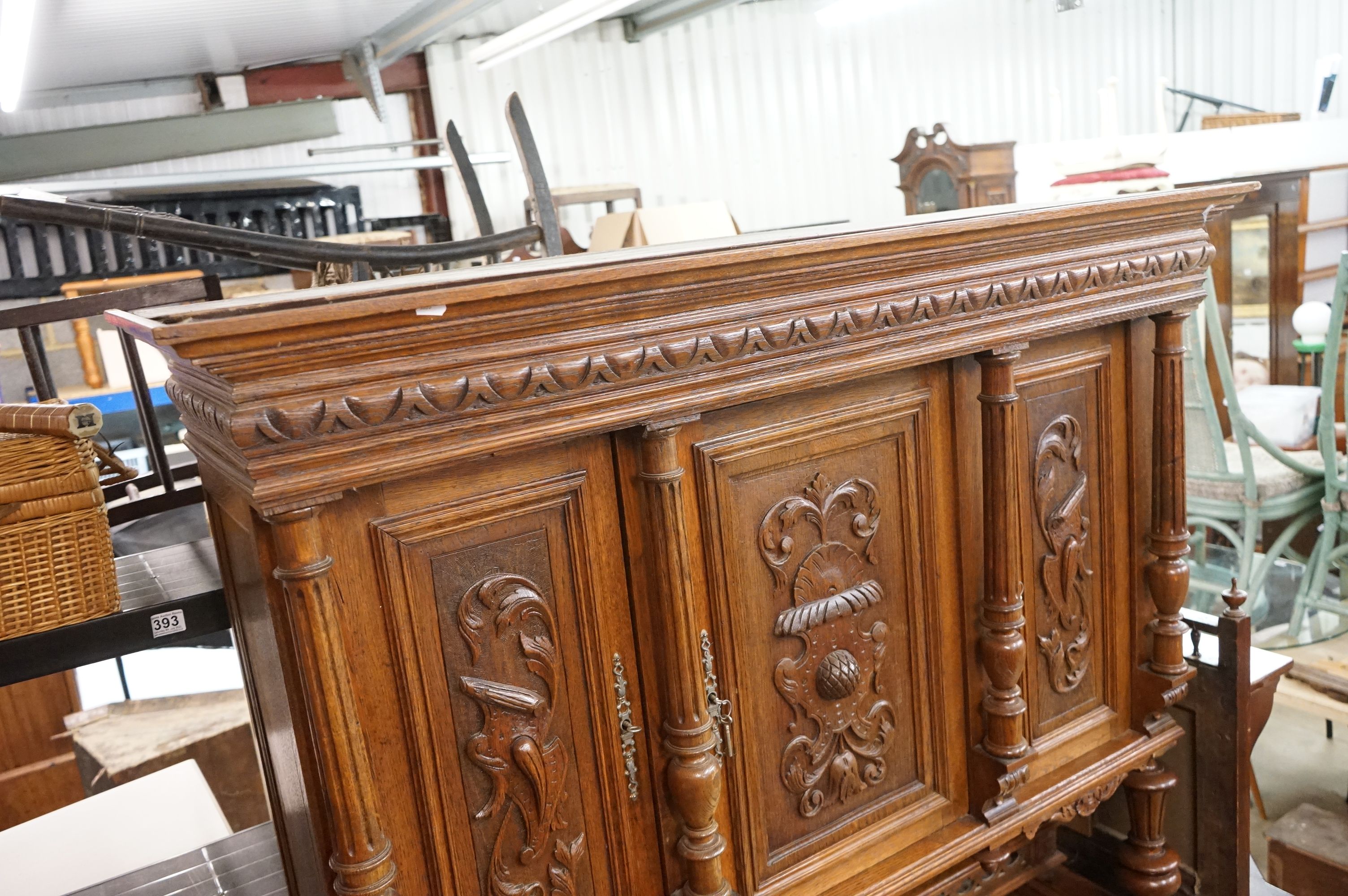 19th century Carved Oak Gothic Cabinet, the upper structure with three carved panel doors, all - Image 3 of 18