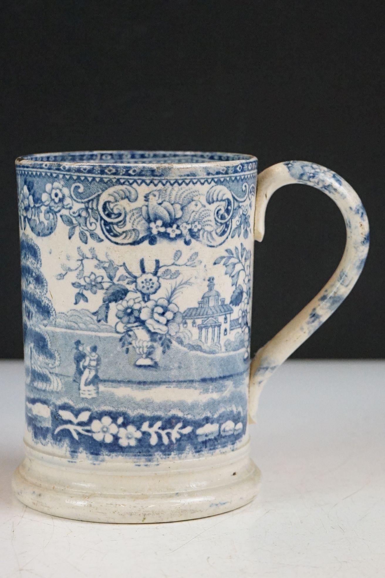 Four 19th century blue & white printed ceramic tankards, featuring early 19th century and Willow - Image 15 of 27