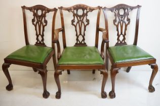 Set of Six Mahogany Dining Chairs in the Chippendale manner with carved inter-laced splats, green