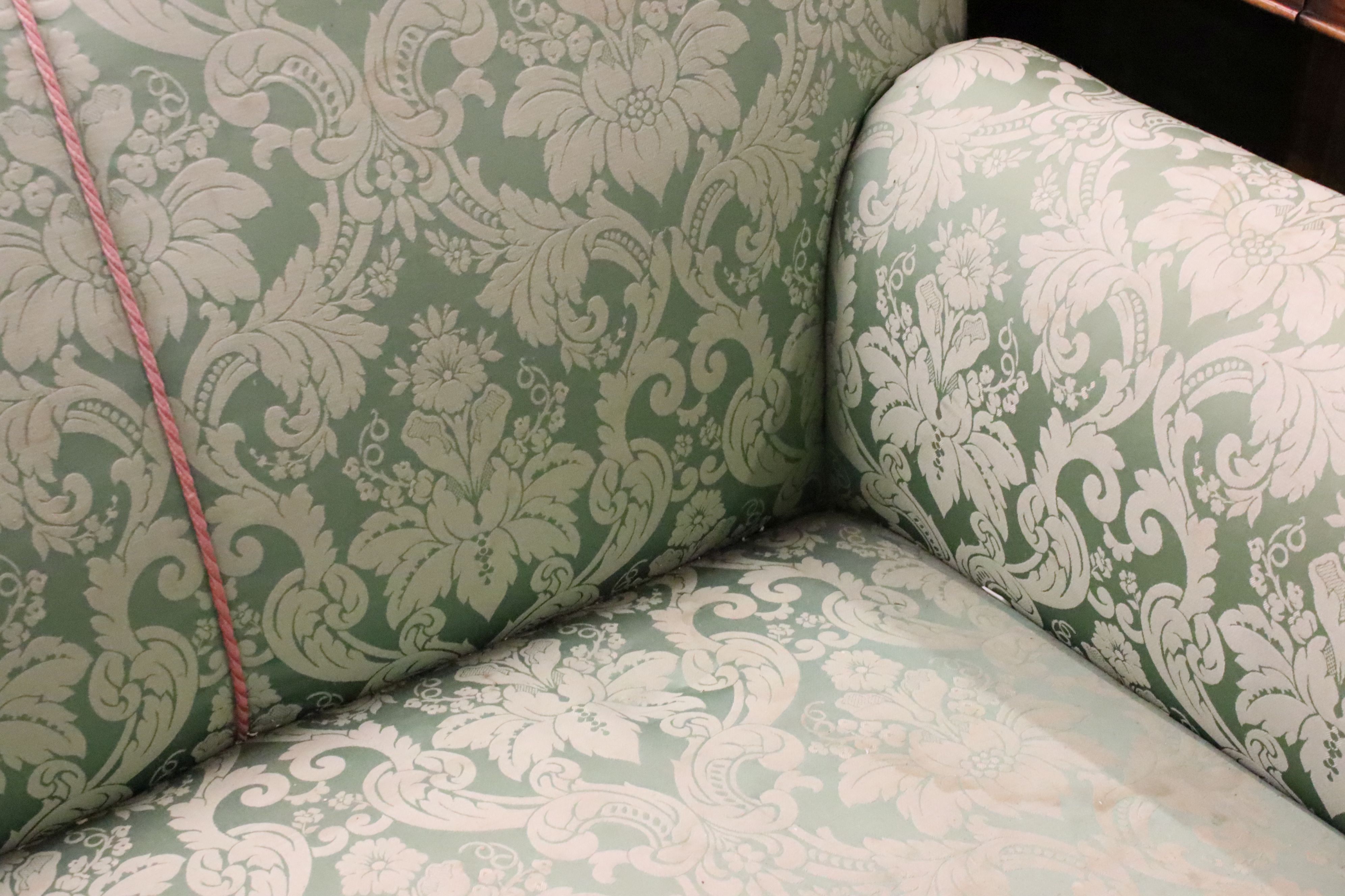 Early 20th century Two Seater Drop End Sofa, upholstered in green damask fabric sand raised on bun - Image 3 of 6