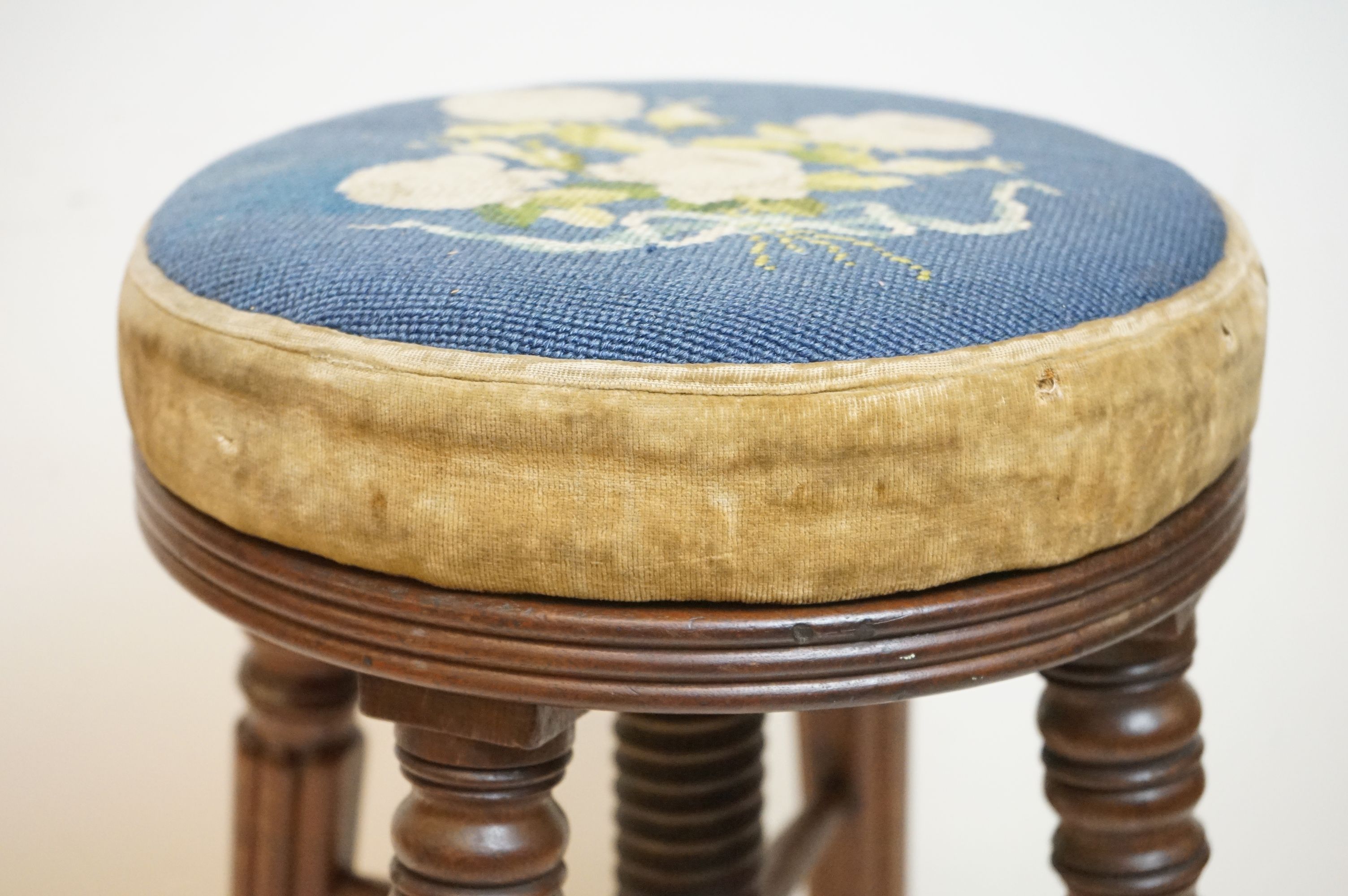 Victorian Mahogany Circular Adjustable Piano Stool with woolwork upholstered seat and raised on - Image 3 of 5