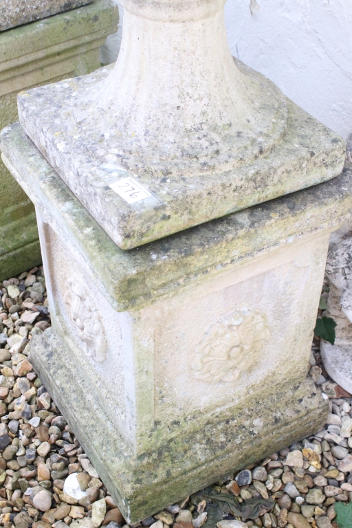 Pair of reconstituted stone garden urns of campana form, with relief facial mask decoration and - Image 3 of 5