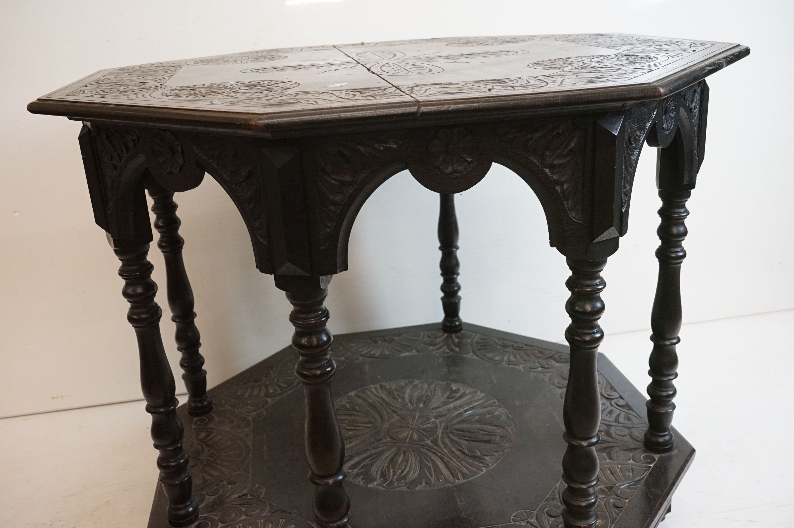 Victorian Dark Oak Octagonal Centre Table in the 17th century manner with carved decoration, - Image 4 of 10