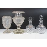 Pair of Richardson cut glass decanters with white metal gin and whiskey decanter labels together