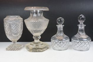 Pair of Richardson cut glass decanters with white metal gin and whiskey decanter labels together