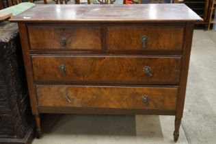 Edwardian Mahogany and Walnut Chest of Two Short over Two Long Drawers, raised on turned legs with