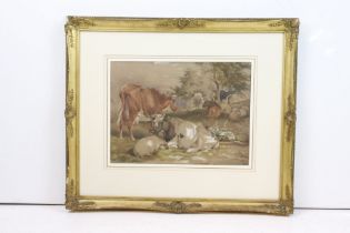Sidney Cooper (1803 - 1902), cattle and sheep in a field, watercolour, signed lower left, 33 x 44.